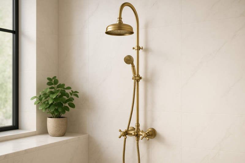 PB Classique Set de douche apparent avec avec manettes à croisillons et colonne de douche télescopique à effet pluie Bronze 1208855932